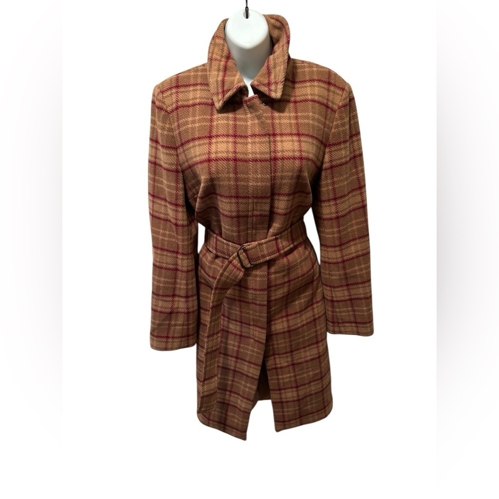 J.Crew Plaid Wool Trench Coat M Belted Equestrian Heritage Brown Red Wool Blend